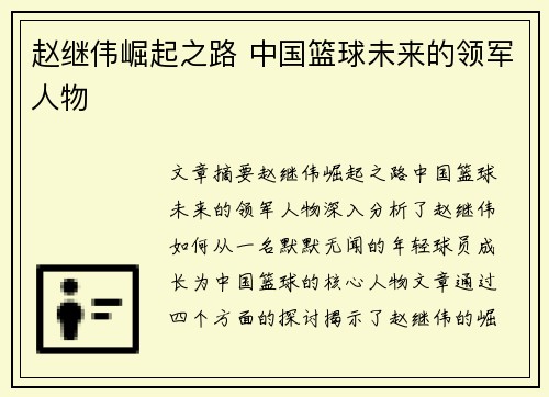 赵继伟崛起之路 中国篮球未来的领军人物