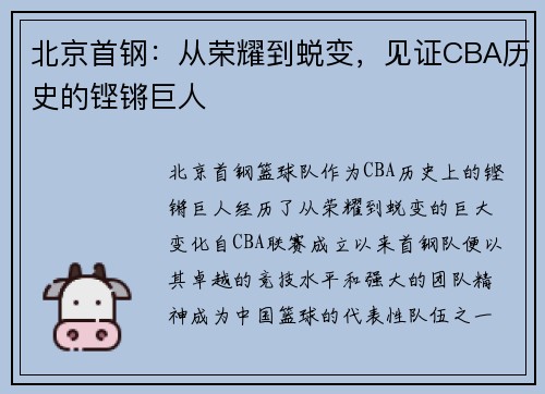 北京首钢：从荣耀到蜕变，见证CBA历史的铿锵巨人