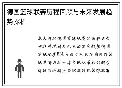 德国篮球联赛历程回顾与未来发展趋势探析