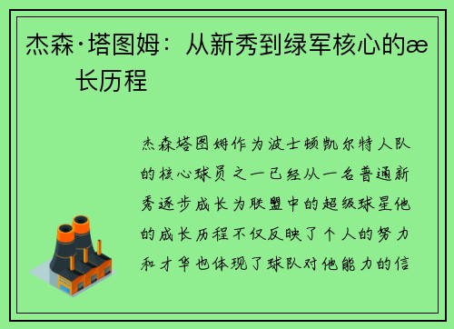 杰森·塔图姆：从新秀到绿军核心的成长历程