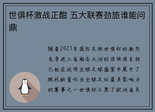 世俱杯激战正酣 五大联赛劲旅谁能问鼎