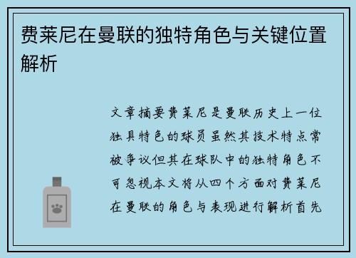 费莱尼在曼联的独特角色与关键位置解析
